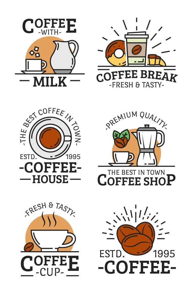 kaffe vektor lögnare ikoner med kopp, råna och bönor