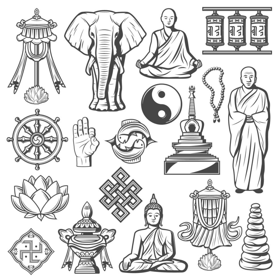 hinduismus und buddhismus zeichen und symbole isoliert gesetzt vektor