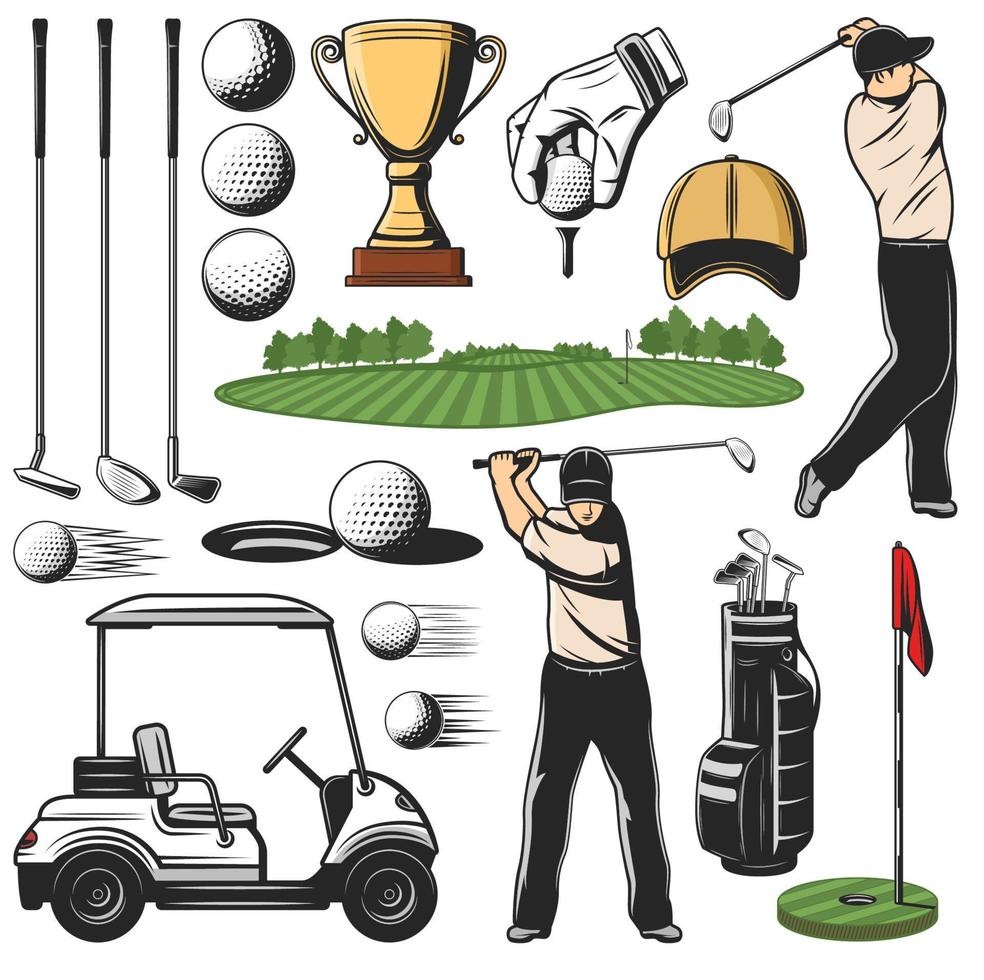 golf sport objekt ikoner och spelare med spela kurs vektor