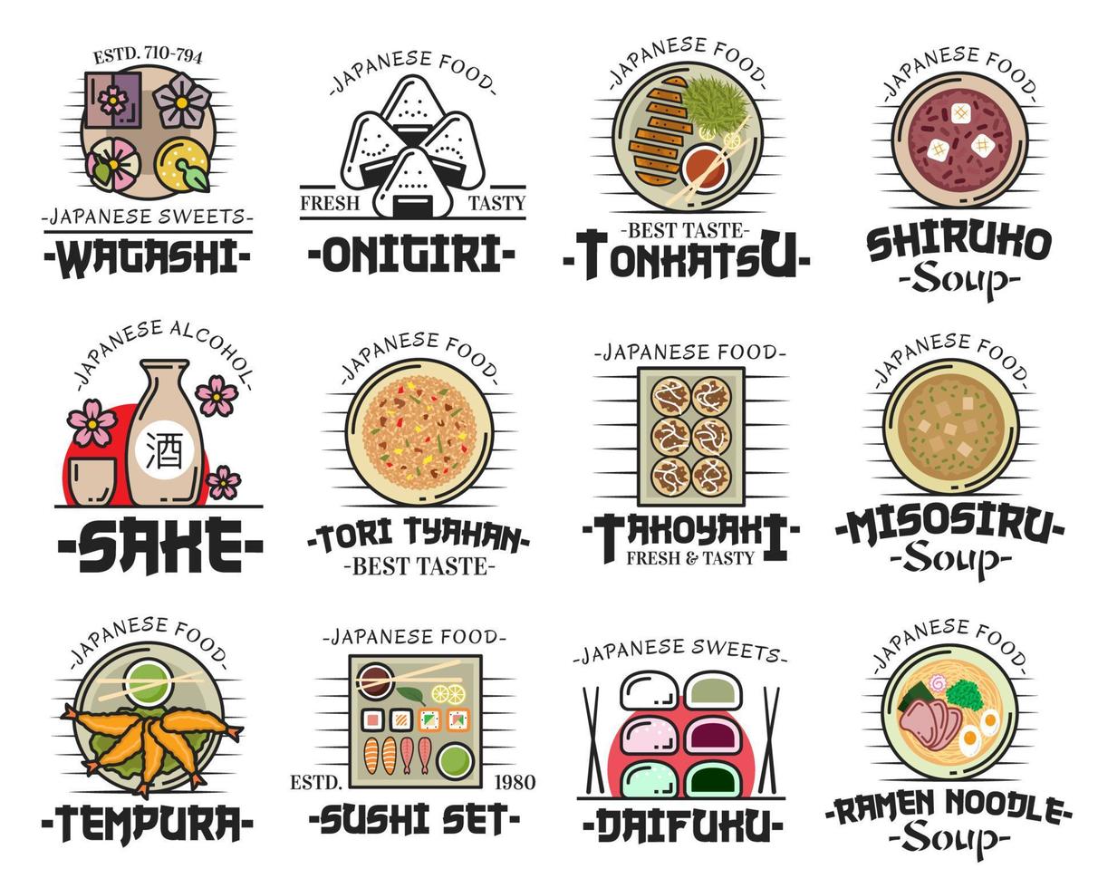 japansk kök maträtter ikoner av asiatisk mat vektor