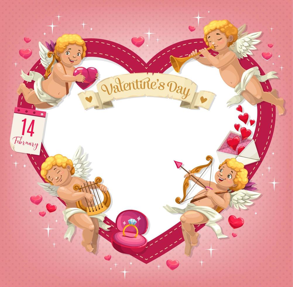 Valentinstag Herz mit Amoretten. Feiertag der Liebe vektor