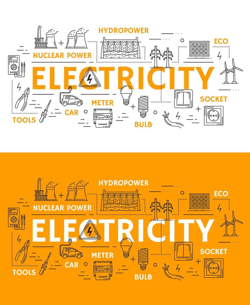 elektricitet, kraft och energetik ikoner vektor