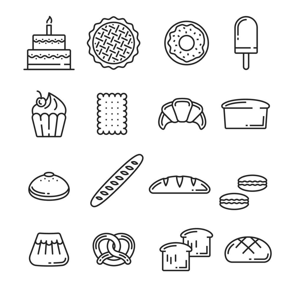 vektor bröd och bakverk bageri linjekonst ikoner