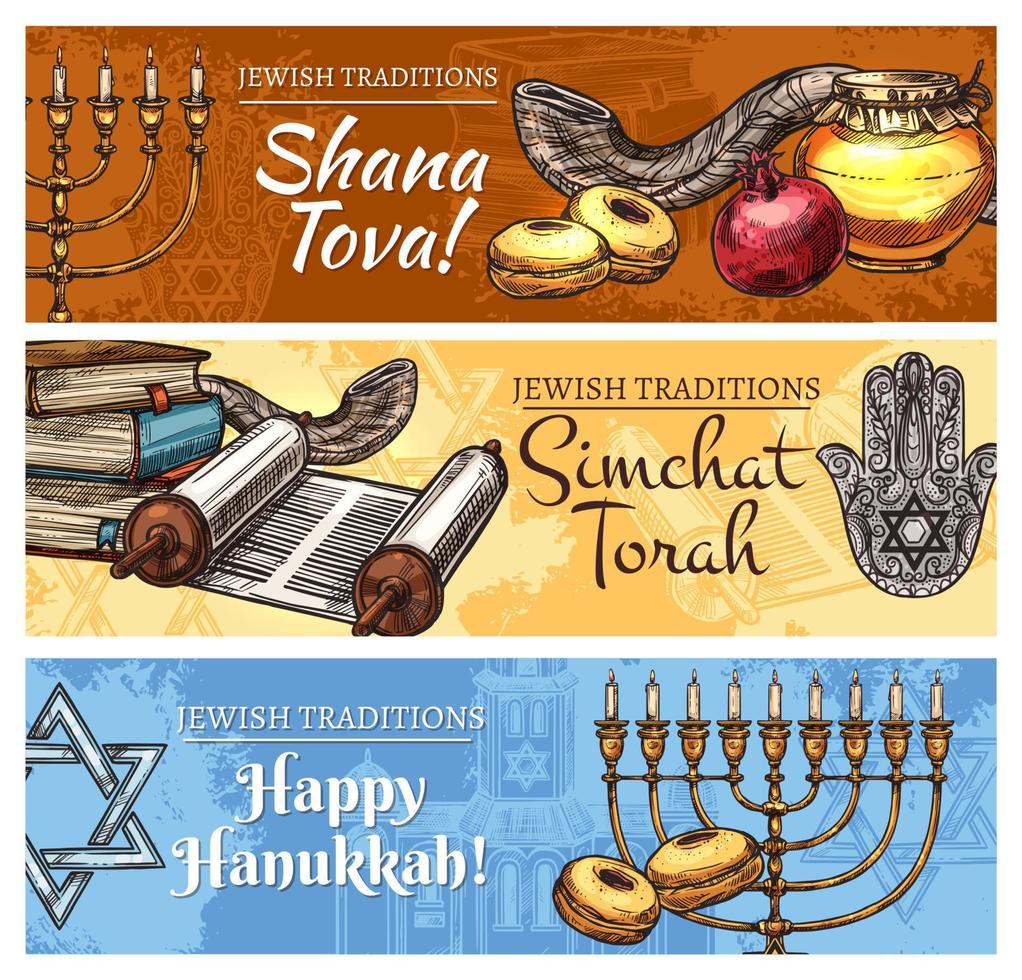 Hanukkah, jewish religiös högtider skiss design vektor