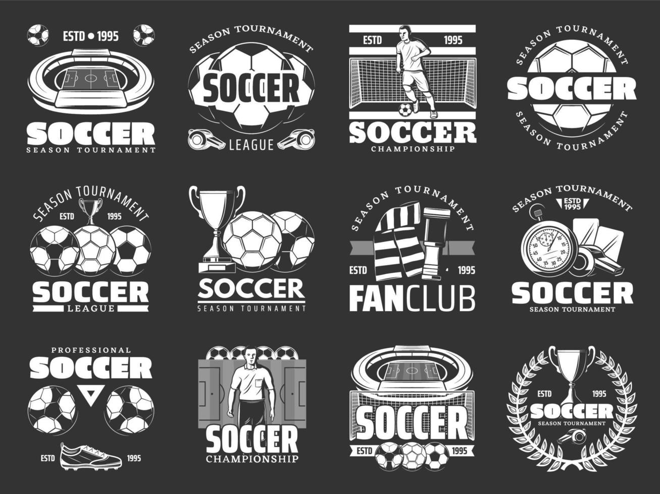 Fußballspiel Sportartikel und Spielersymbole vektor