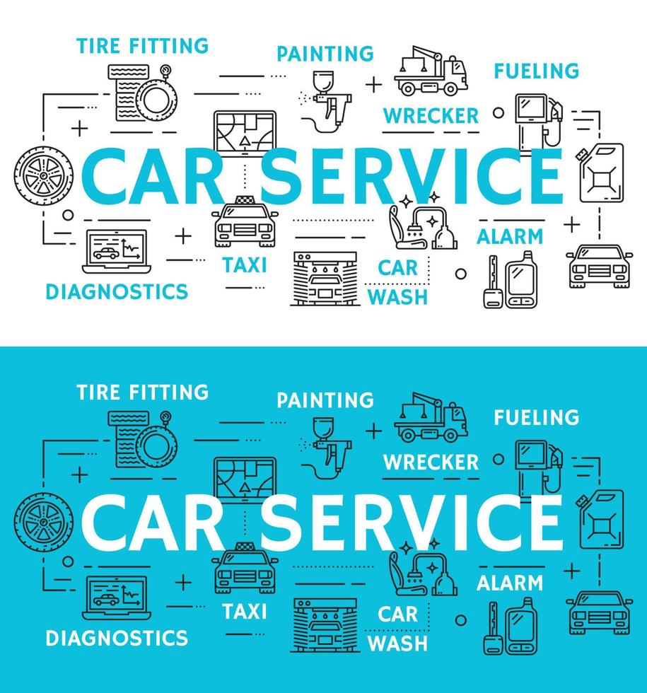 bil service och bil reparera vektor linje ikoner