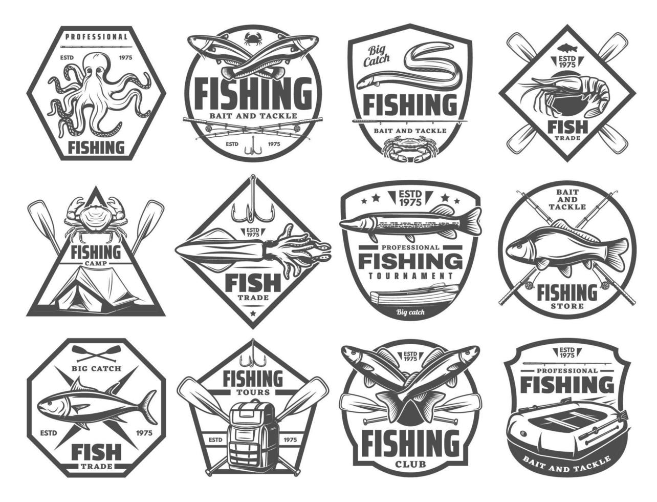 Vektorsymbole für Fisch- und Meeresfrüchte-Angelclubs vektor