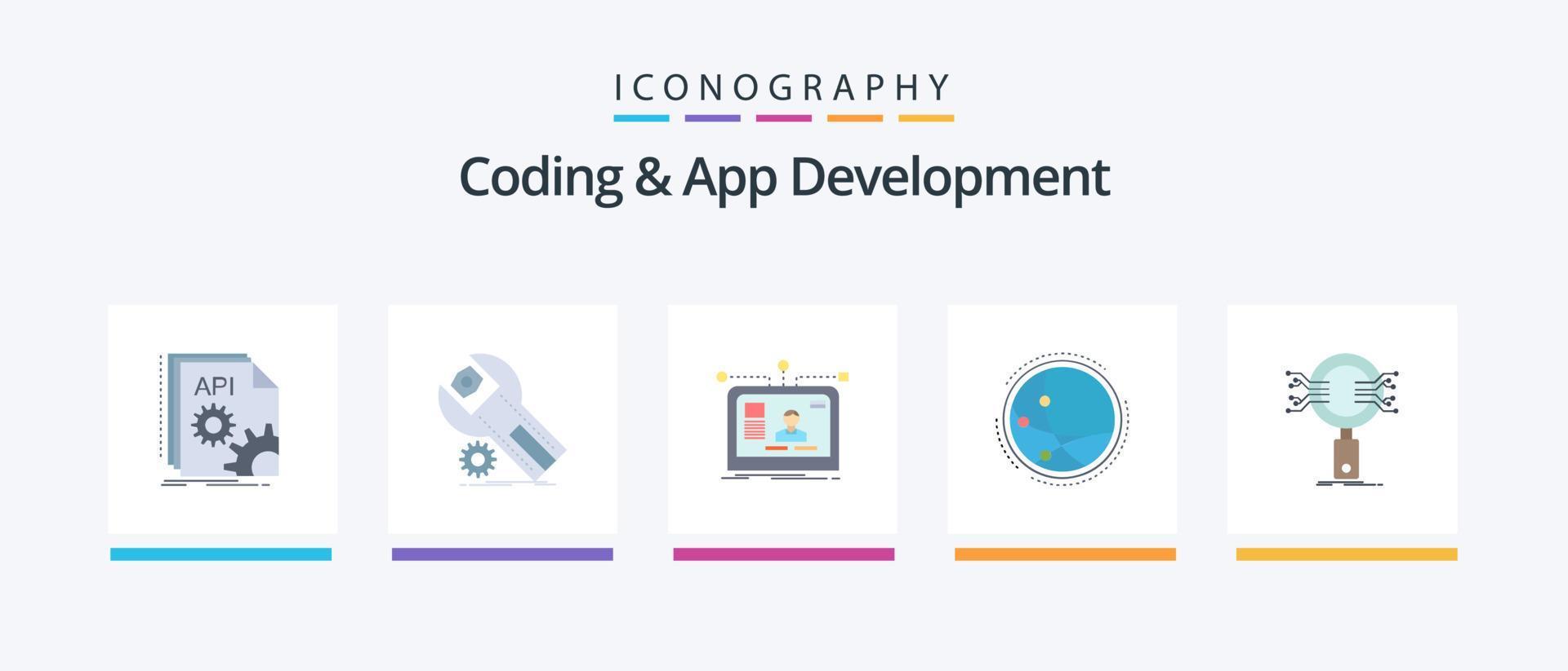 Codierung und App-Entwicklung Flat 5 Icon Pack inklusive Verbindung. weltweit. Wartung. Design. Benutzer. kreatives Symboldesign vektor