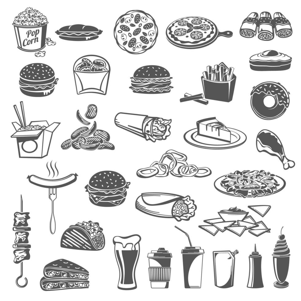Symbole für Fast-Food-Mahlzeiten mit Snacks vektor