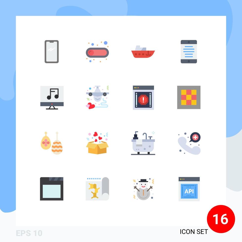 Flaches Farbpaket mit 16 universellen Symbolen für Audio-Smartphone-Umschalt-Handy-Yachten editierbares Paket kreativer Vektordesign-Elemente vektor