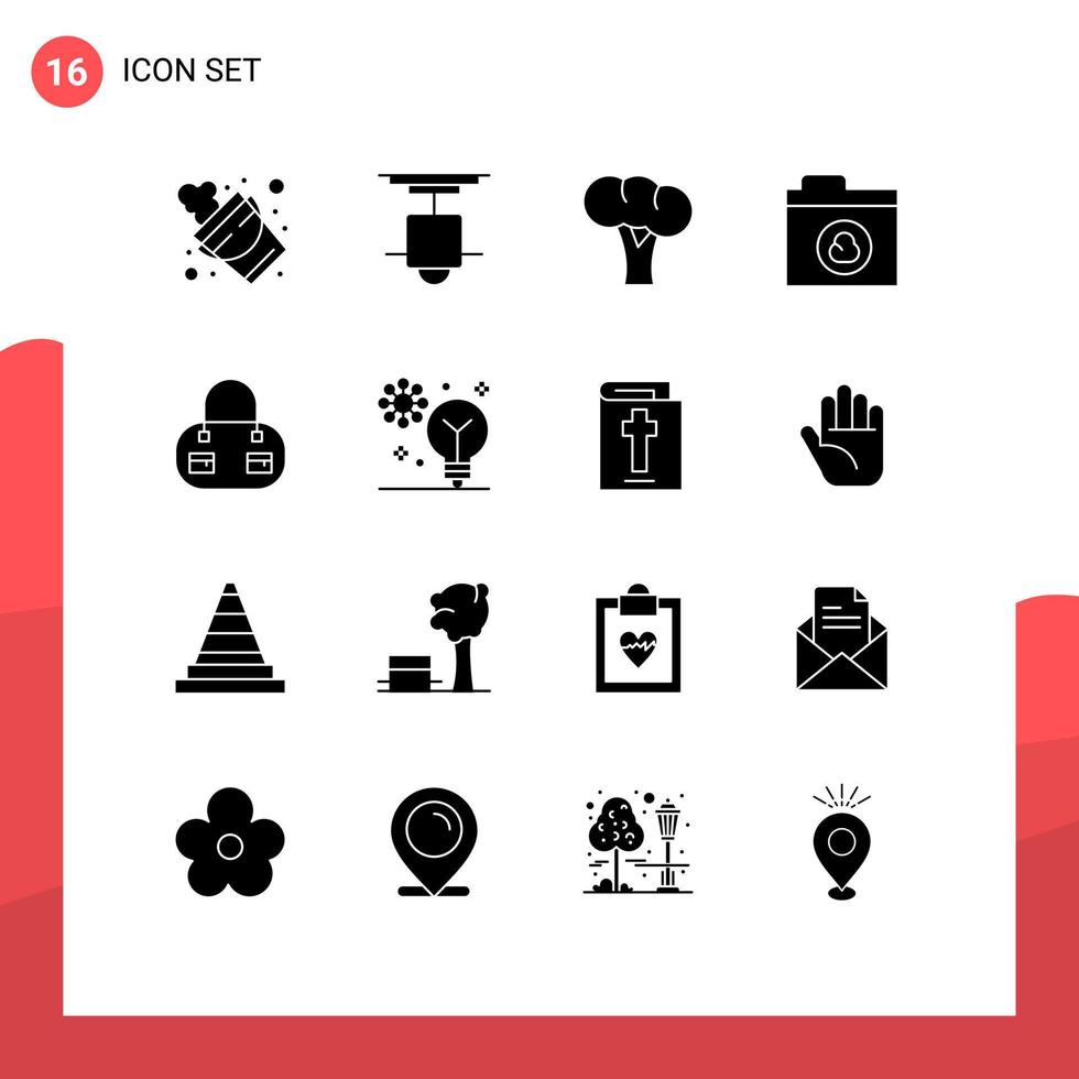 Mobile Schnittstelle solider Glyph-Satz von 16 Piktogrammen von Mode-Netzwerk-Lichtordner-Gemüse-editierbaren Vektordesign-Elementen vektor