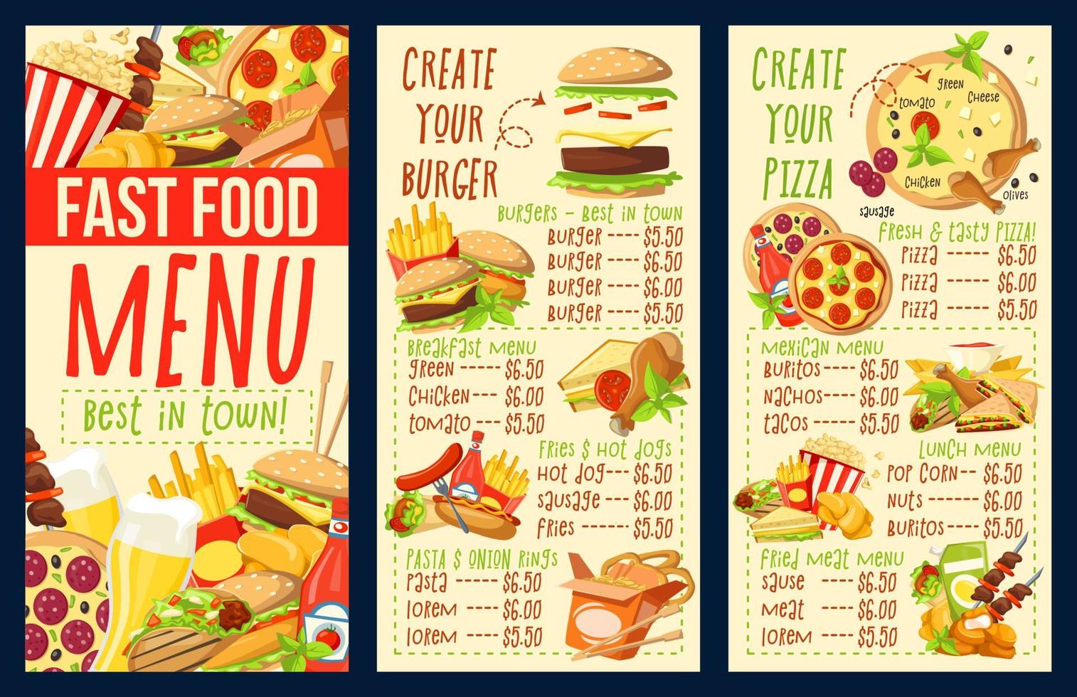 Fast-Food-Combo-Mahlzeiten, Burger und Pizza-Menü vektor