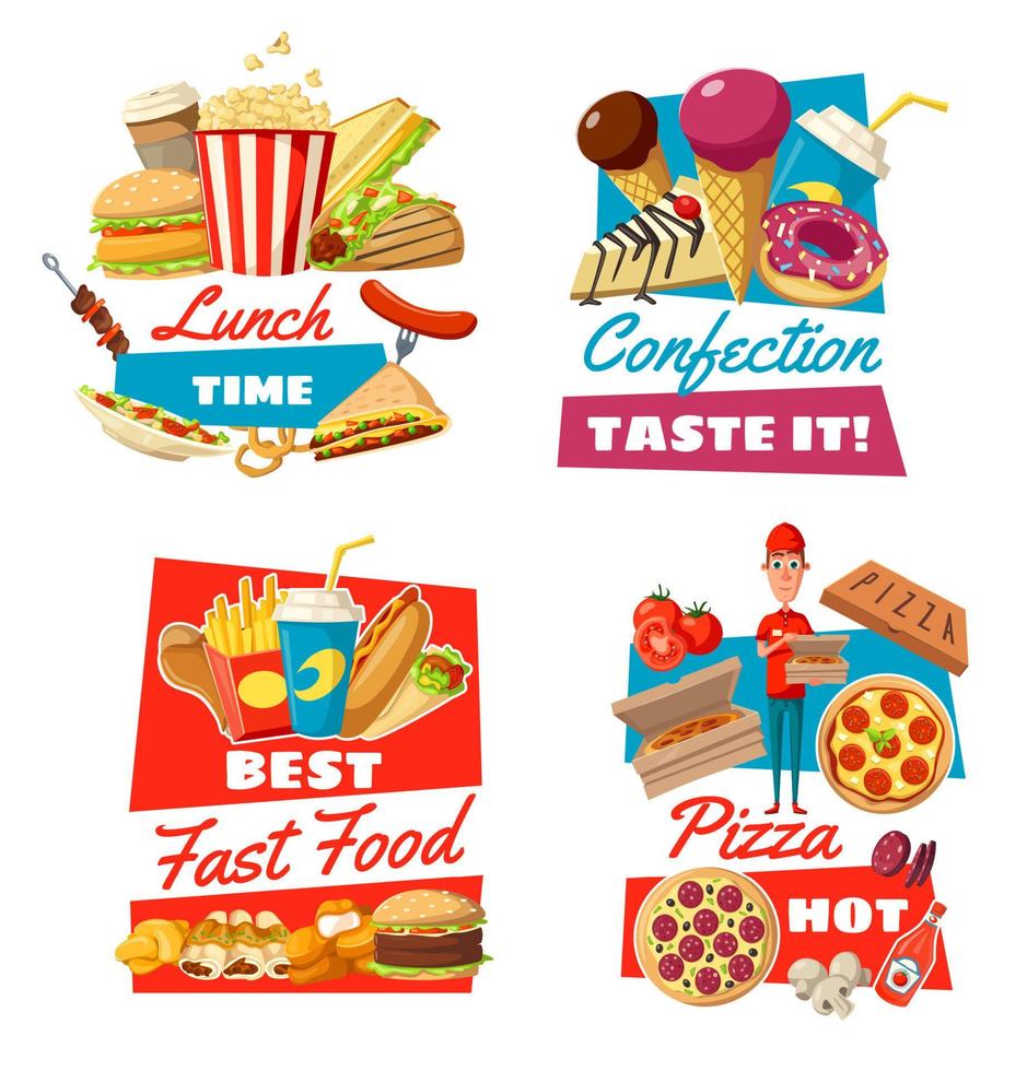 Fast Food und Süßwaren für Mittagssymbole vektor