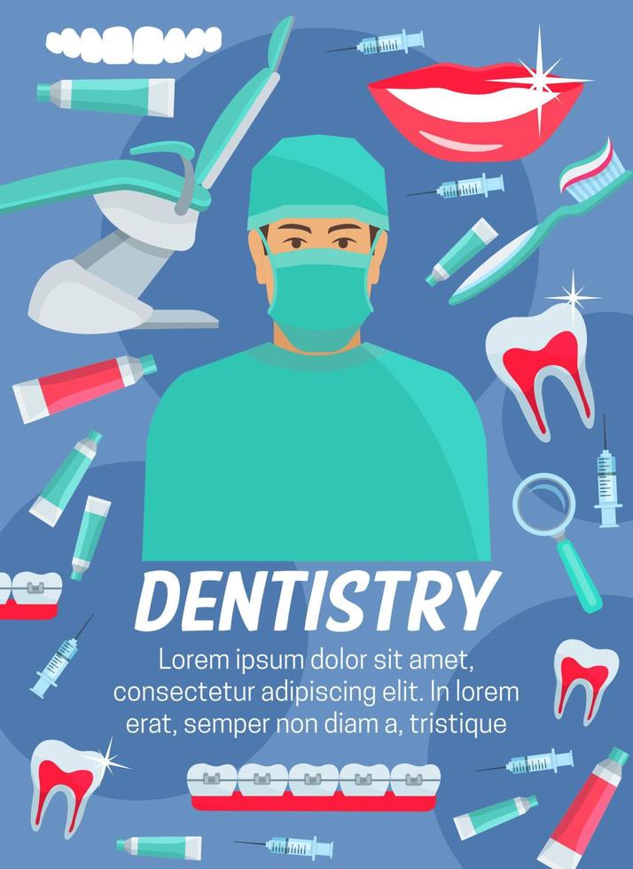 tandvård affisch av tandläkare, tand och dental verktyg vektor