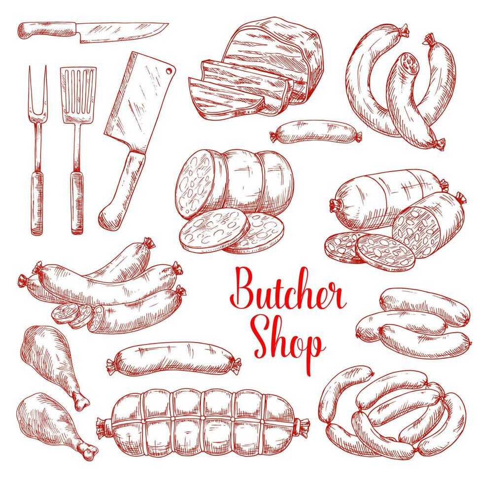 vektor skiss ikoner av butchery kött Produkter