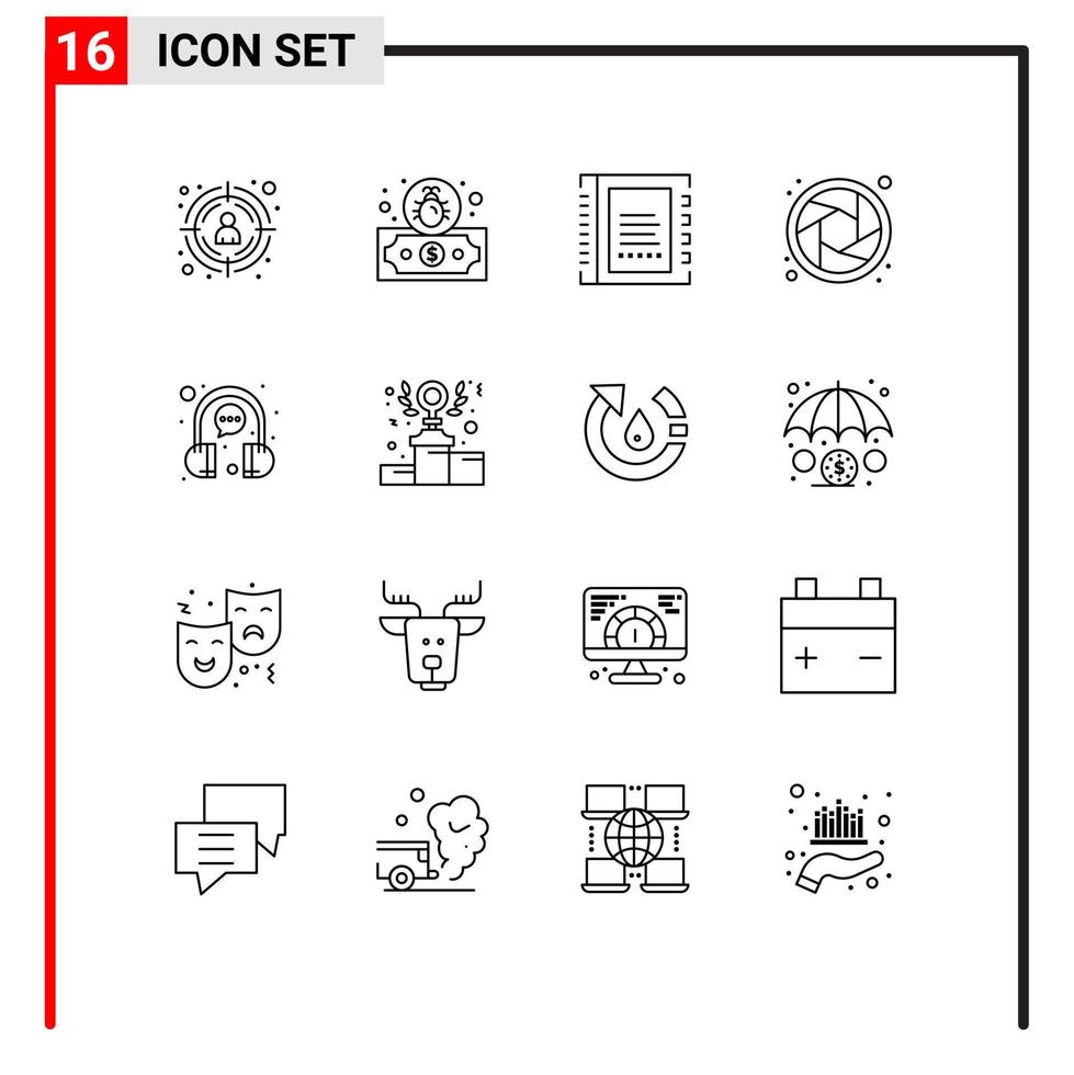 satz von 16 modernen ui-symbolen symbolzeichen für kopfhörer-chat-kontaktblasenlinsen editierbare vektordesignelemente vektor