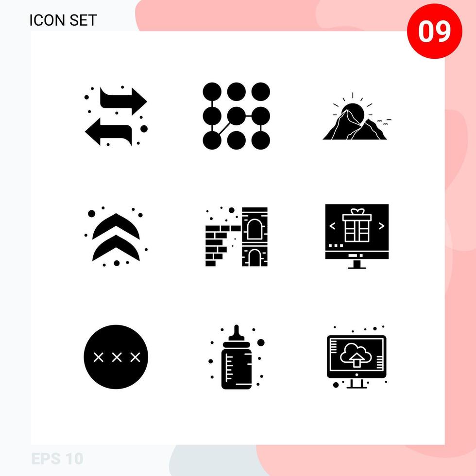 Gruppe von 9 soliden Glyphen Zeichen und Symbolen für Brick Up Hill Pfeile Sonne editierbare Vektordesign-Elemente vektor