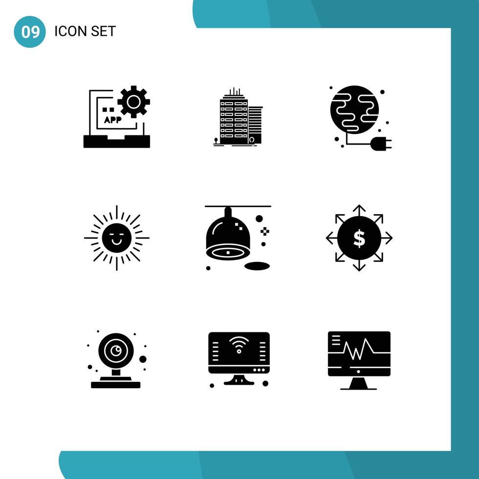 9 solides Glyphenpaket der Benutzeroberfläche mit modernen Zeichen und Symbolen der Ernährungssonnenspitze, die den Globus bearbeitet, editierbare Vektordesignelemente vektor