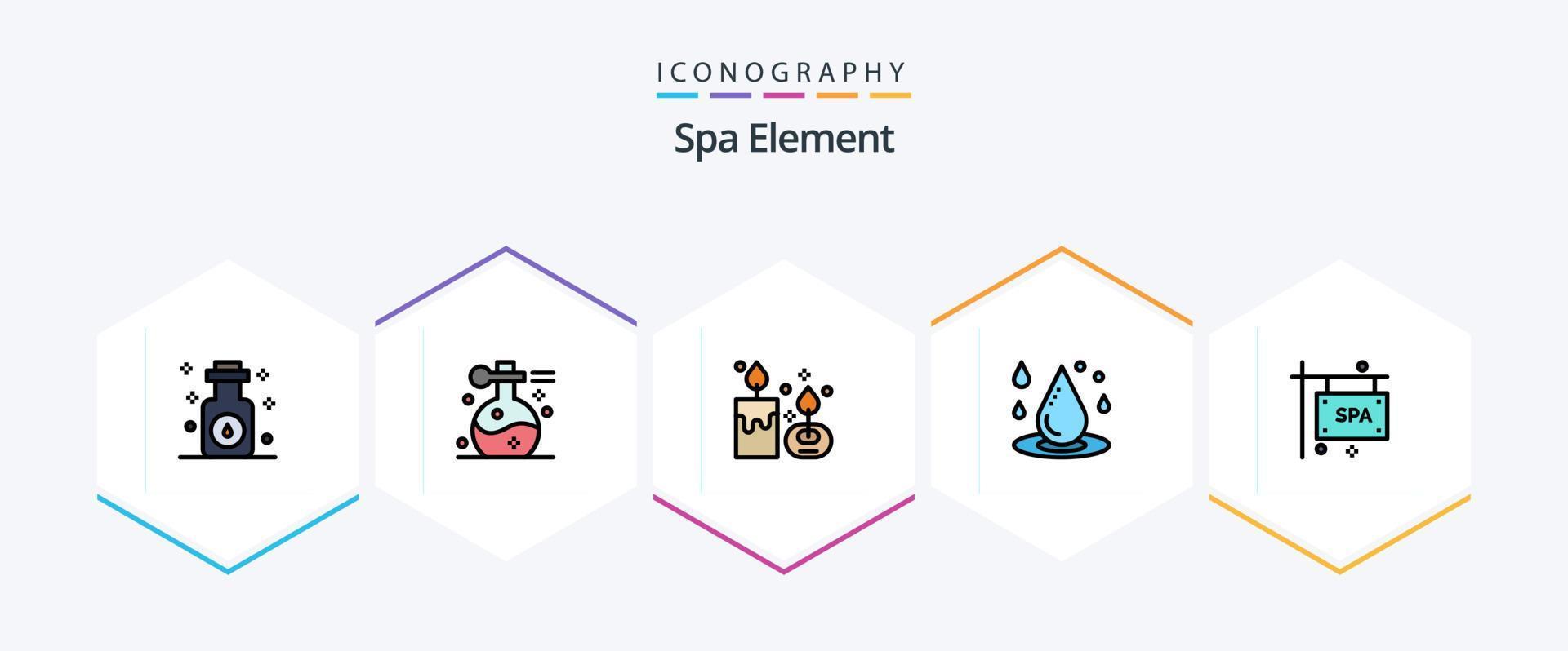 Spa Element 25 Filledline Icon Pack inklusive Spa. Wasser fallen lassen. Yoga. fallen. Kerze vektor