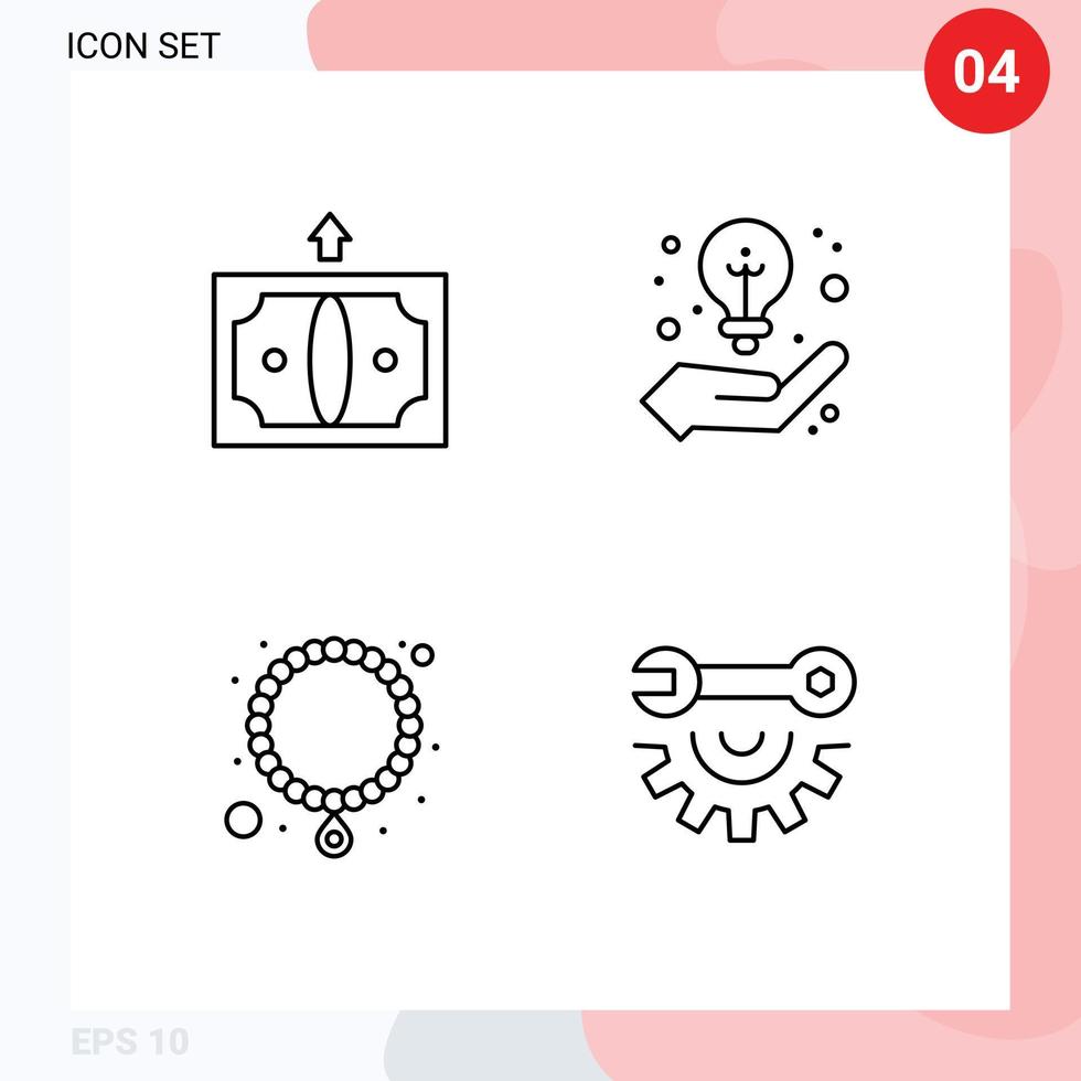 Stock Vector Icon Pack mit 4 Zeilenzeichen und Symbolen für hintere Halskette Geldstrategie Schlüsselrad editierbare Vektordesign-Elemente