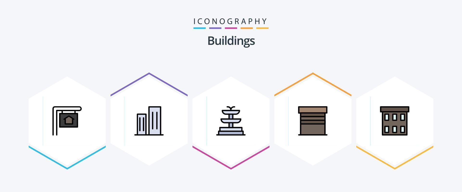 byggnader 25 fylld linje ikon packa Inklusive företag. byggnader. fontän. byggnad. garage vektor