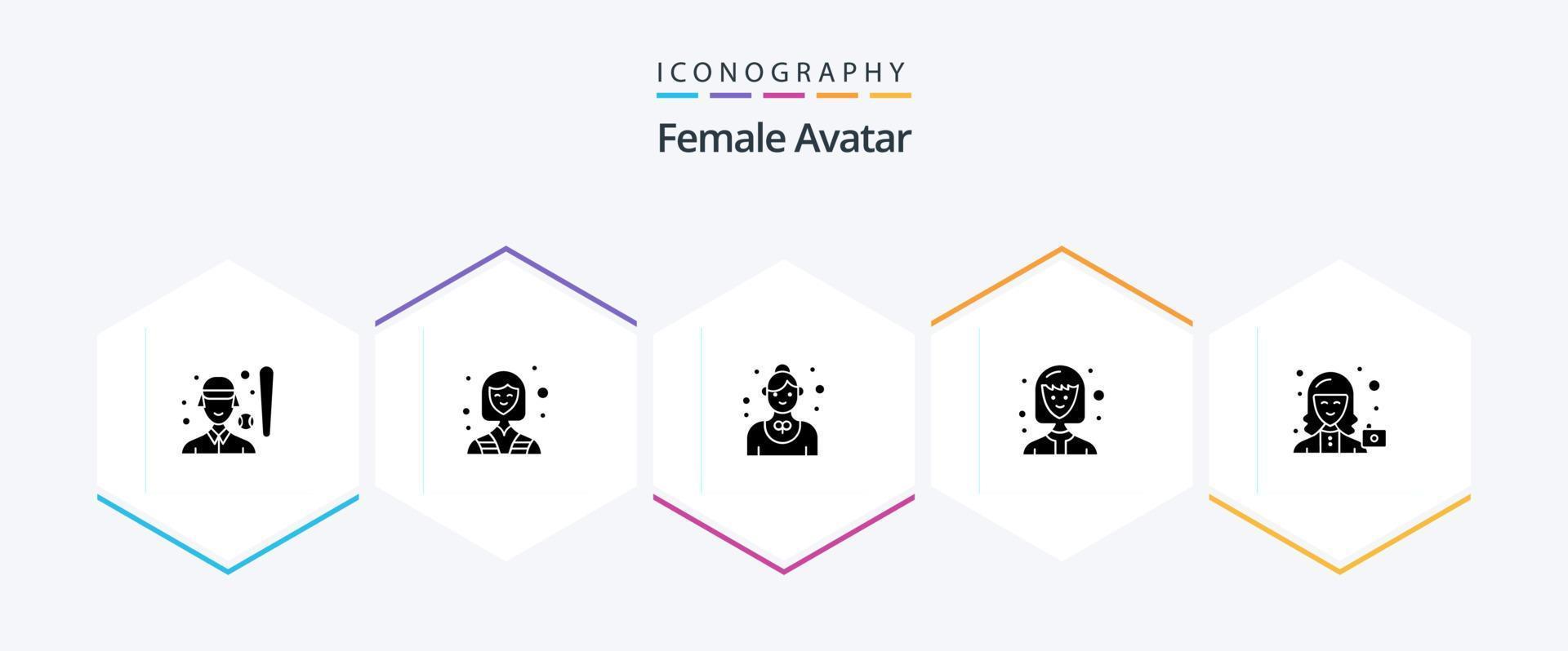 weiblicher Avatar 25 Glyphen-Icon-Pack inklusive Avatar. Studentin. Arbeiter. Benutzerbild. Bedienung vektor