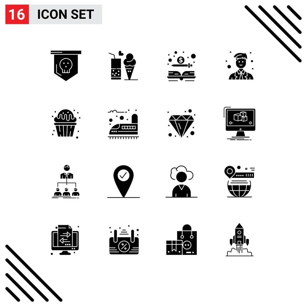 Stock Vector Icon Pack mit 16 Linienzeichen und Symbolen für Cupcake-Site Kegel Mann Geld editierbare Vektordesign-Elemente