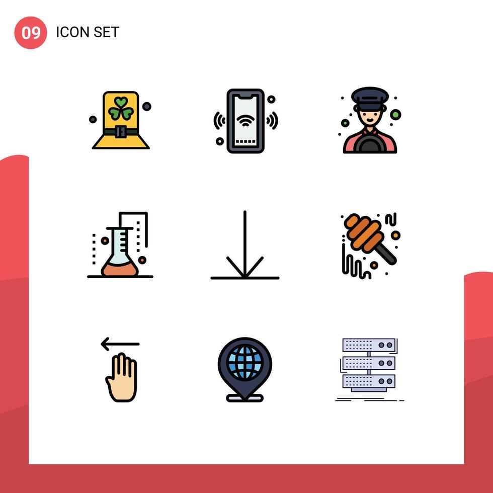 Gruppe von 9 modernen Filledline-Flachfarben, die für wissenschaftliche Forschungslabore eingestellt werden, verbinden Chemie-Taxi editierbare Vektordesign-Elemente vektor