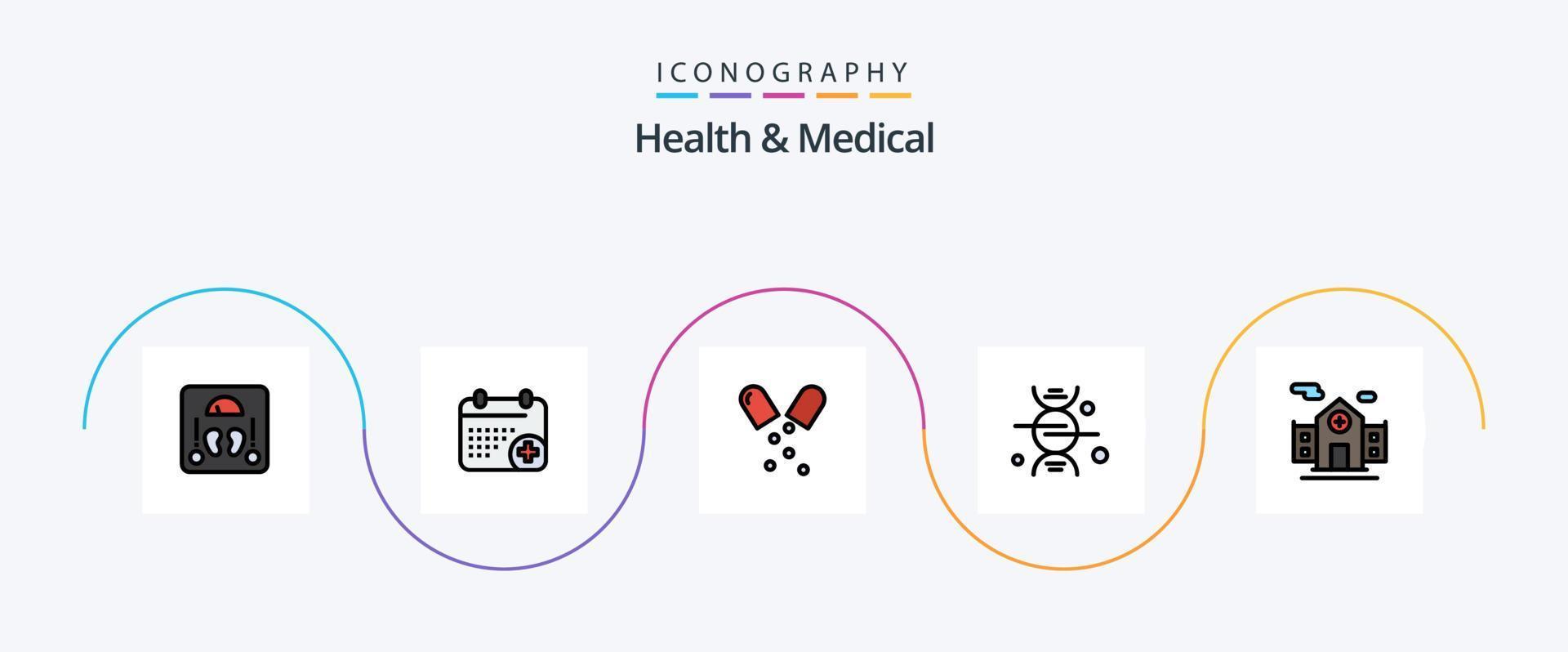 hälsa och medicinsk linje fylld platt 5 ikon packa Inklusive byggnad. medicinsk. antibiotika. sjukvård. adn vektor