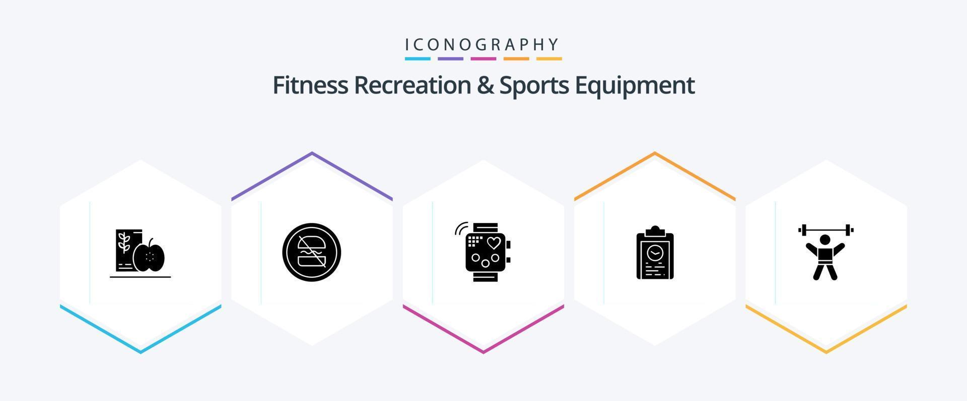 kondition rekreation och sporter Utrustning 25 glyf ikon packa Inklusive planen. urklipp. bantning. övervakning. kondition vektor