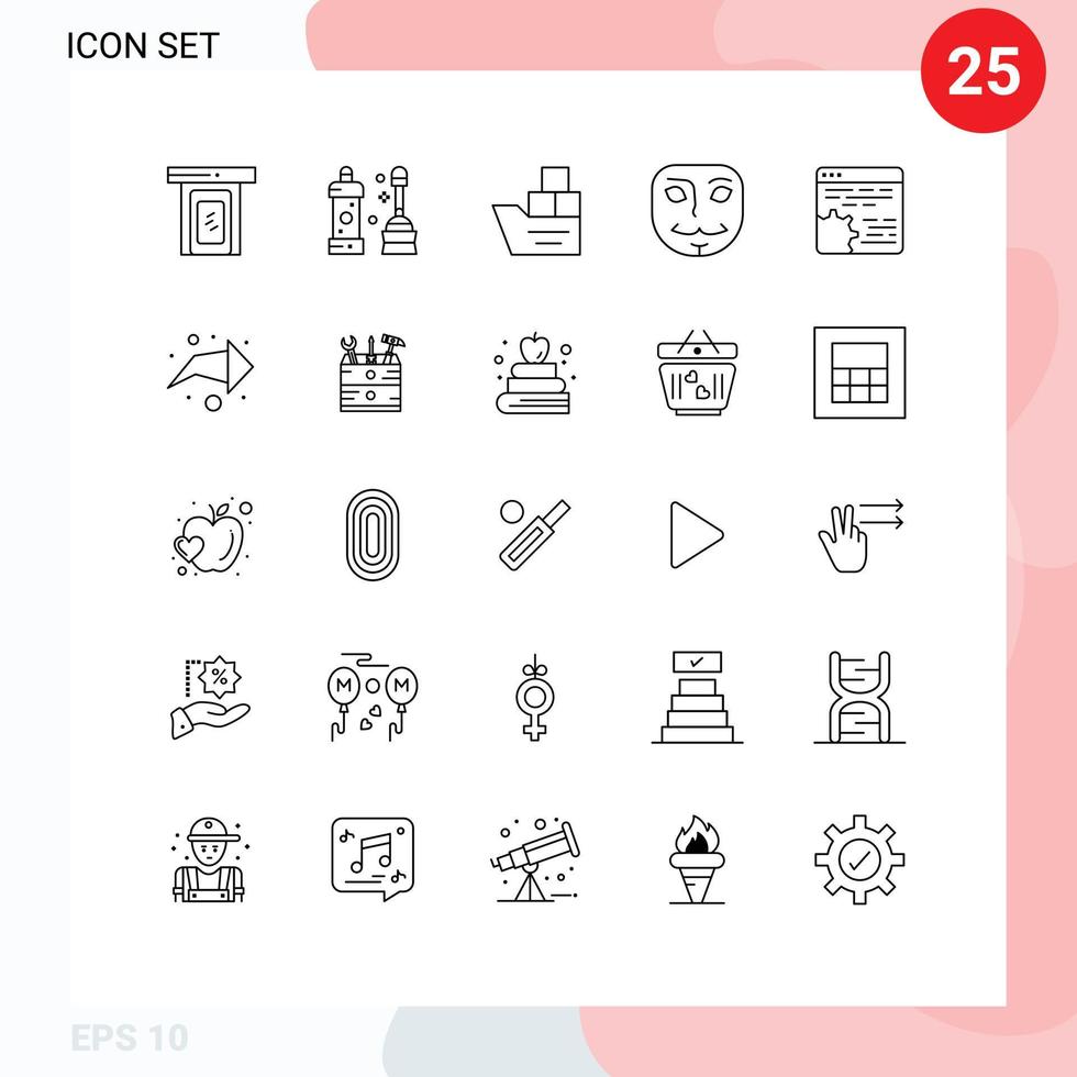 25 universelle Linien für Web- und mobile Anwendungen Codemaskenbox Gesicht Schiff editierbare Vektordesign-Elemente vektor