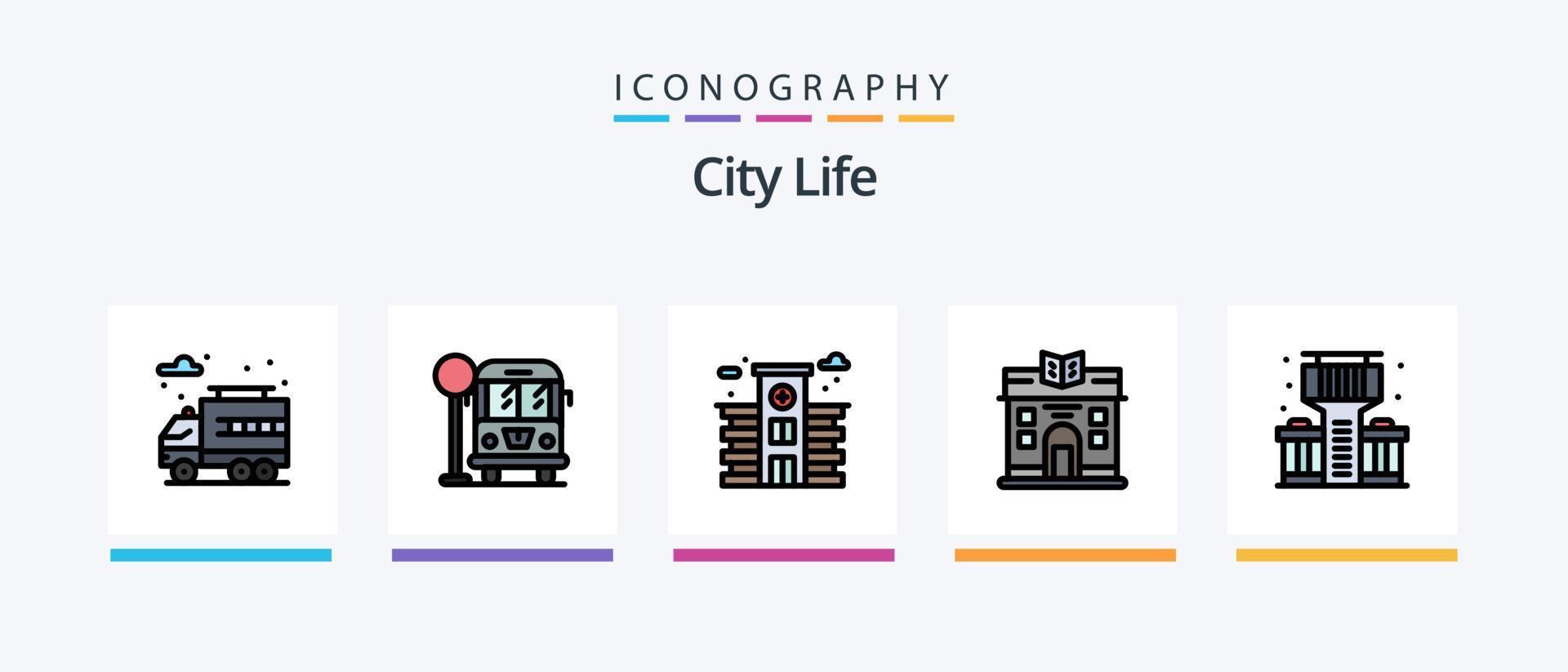 stad liv linje fylld 5 ikon packa Inklusive . byggnad. liv. liv. affär. kreativ ikoner design vektor