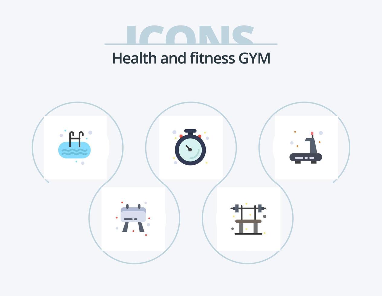 Gym platt ikon packa 5 ikon design. Gym. stoppur. stege. muskel. klocka vektor