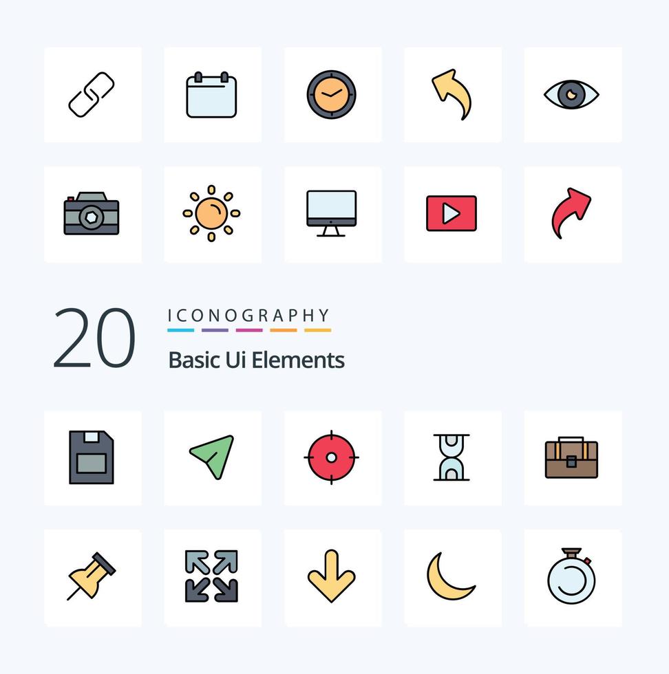 20 grundläggande ui element linje fylld Färg ikon packa tycka om fall väska archer läser in glas vektor