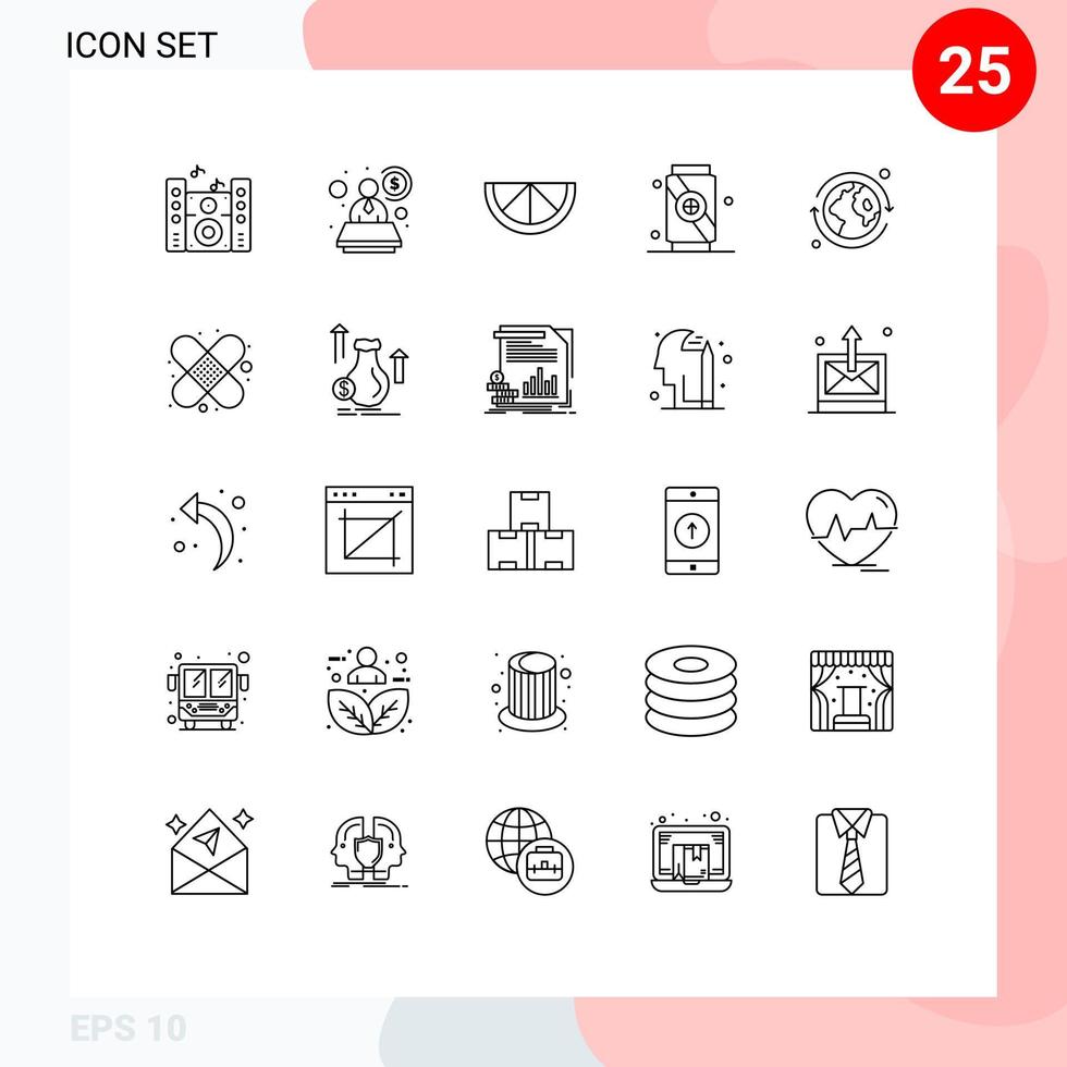 Gruppe von 25 modernen Linien, die für editierbare Vektordesign-Elemente des Geldverbandgetränk-Pflastertages eingestellt werden vektor
