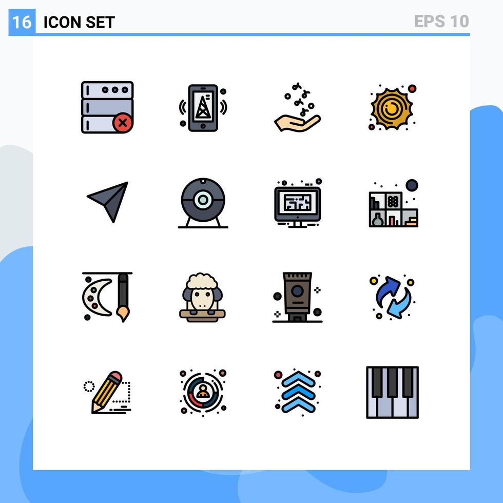 piktogram uppsättning av 16 enkel platt Färg fylld rader av uppsättningar Plats hand planet Sol redigerbar kreativ vektor design element