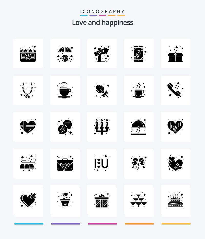 kreative Liebe 25 Glyph Solid Black Icon Pack wie Geschenk. Smartphone. Richtung. Handy, Mobiltelefon. Herz vektor