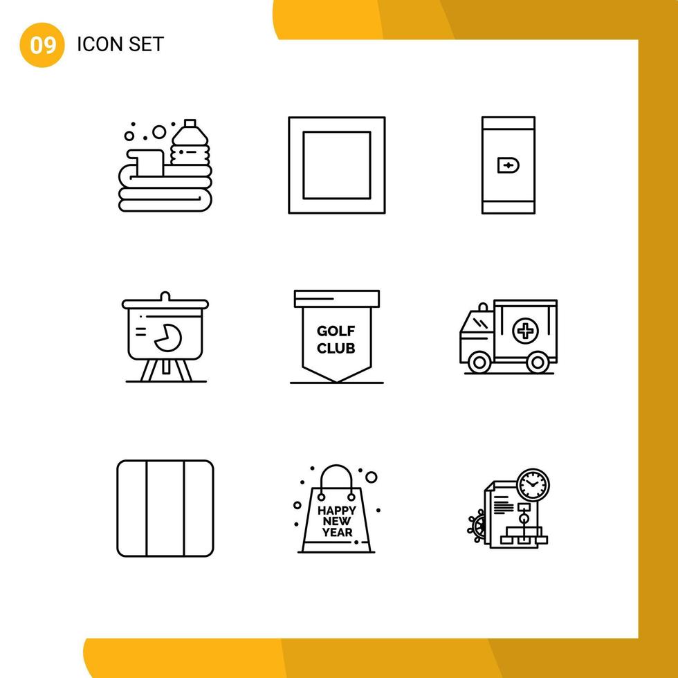 Gliederungspaket mit 9 universellen Symbolen für Golfschlägerspiel-Zahlungsdiagramm-Verkäufe editierbare Vektordesign-Elemente vektor