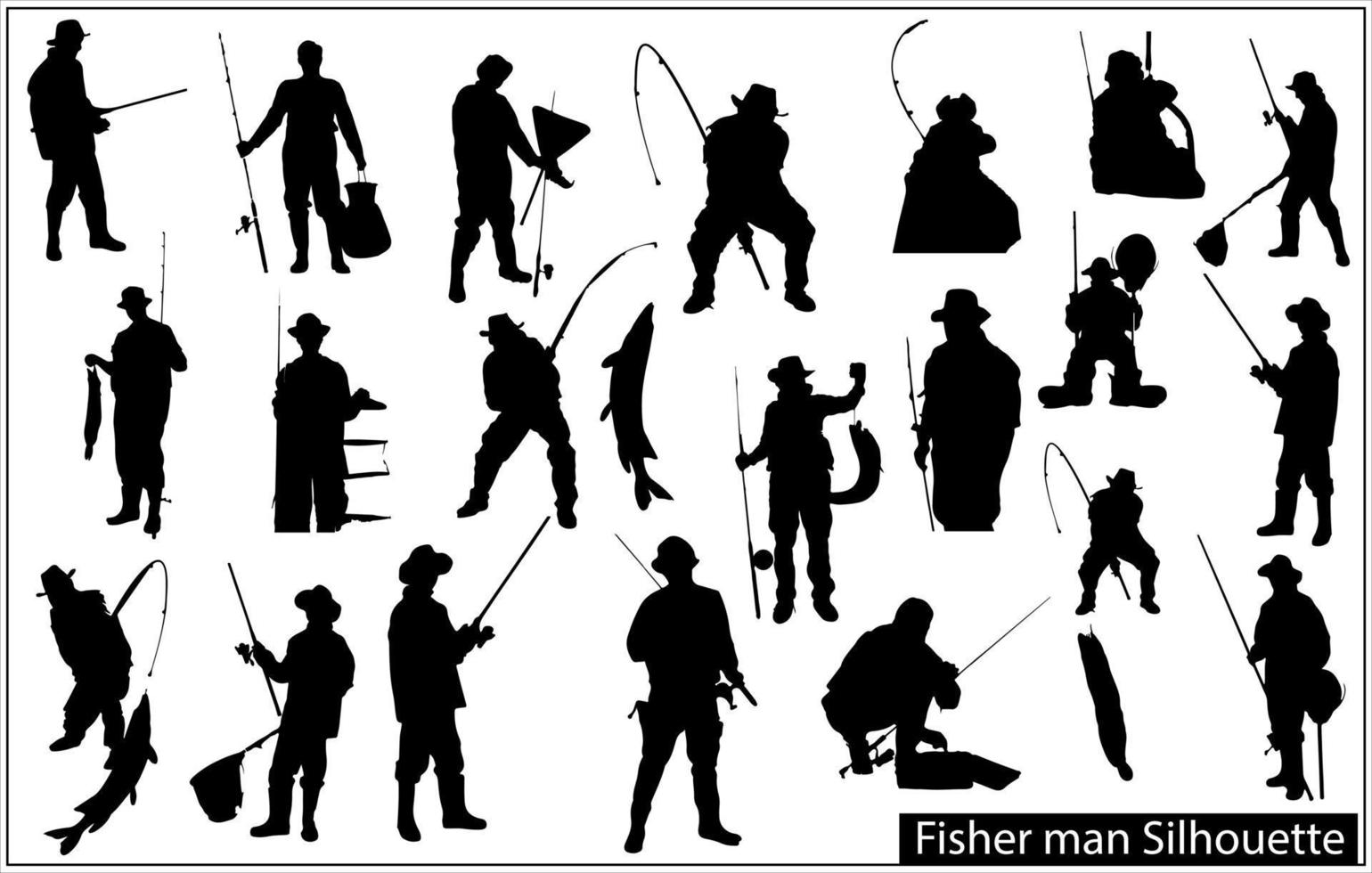 fiskare man silhuett uppsättning vektor