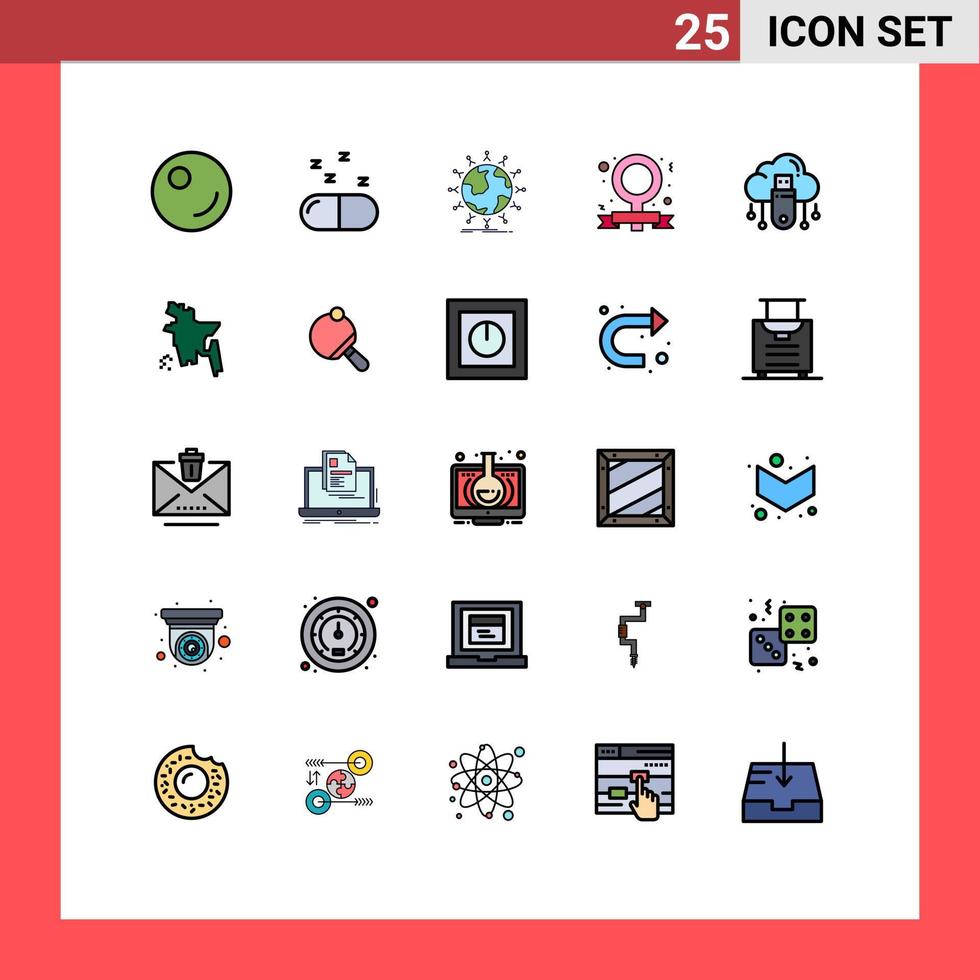 25 gefüllte Linien flaches Farbkonzept für mobile Websites und Apps Cloud Data Globe USB Feminismus editierbare Vektordesign-Elemente vektor