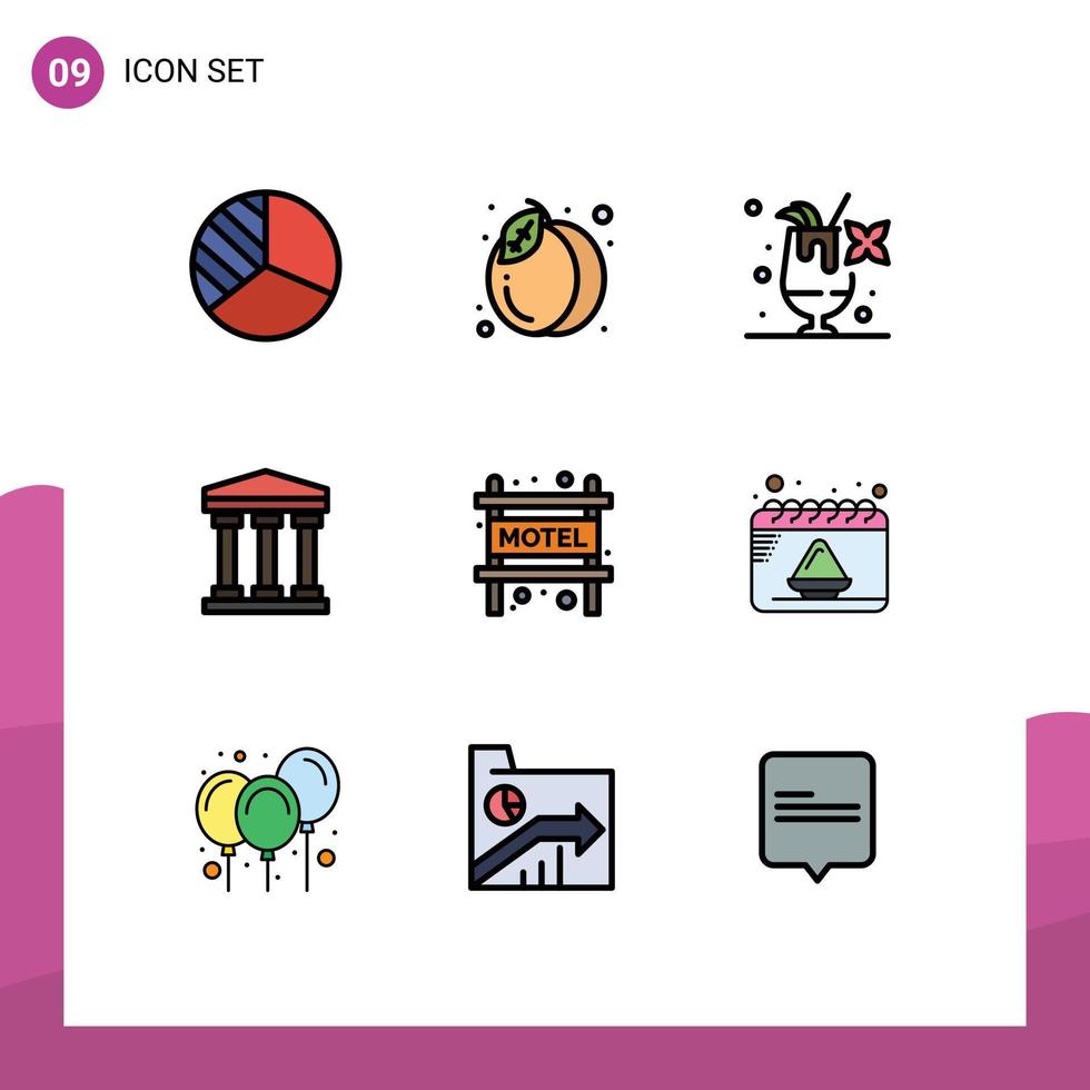 uppsättning av 9 kommersiell fylld linje platt färger packa för datum resa mat motell kontanter redigerbar vektor design element