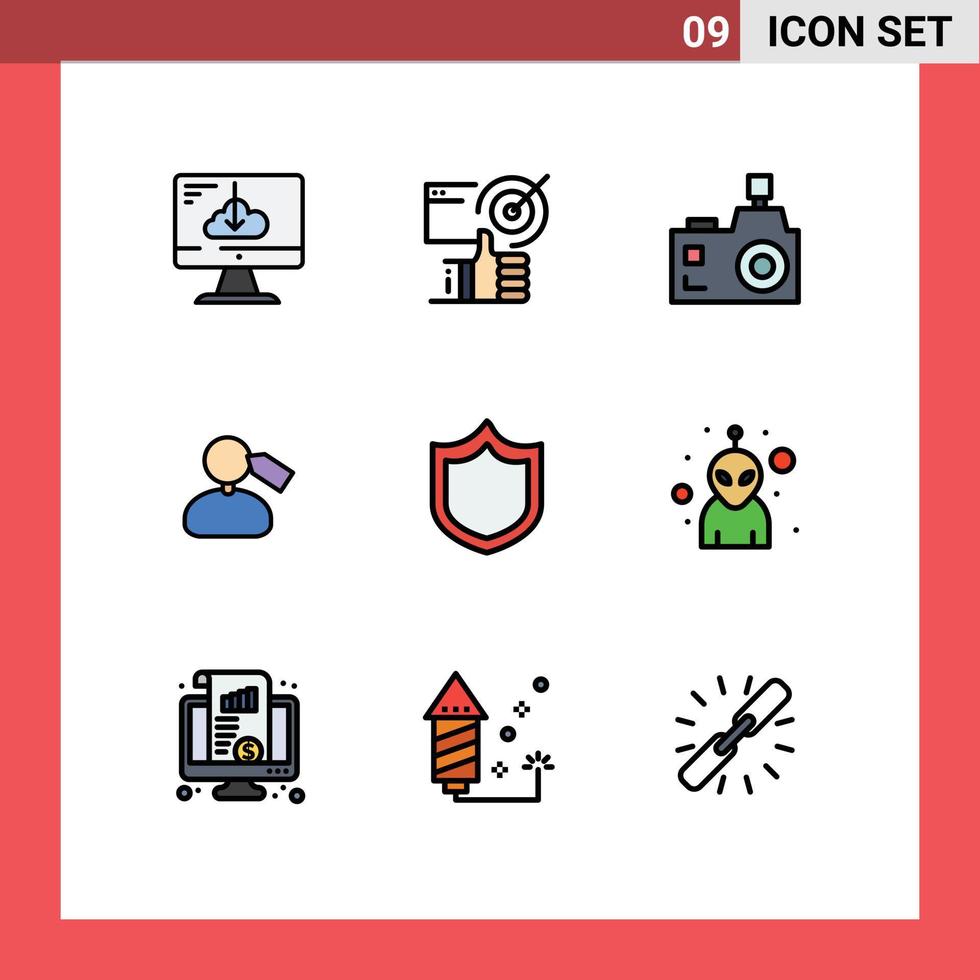 uppsättning av 9 vektor fylld linje platt färger på rutnät för manen märka tumbs fotografi blixt fotografi redigerbar vektor design element