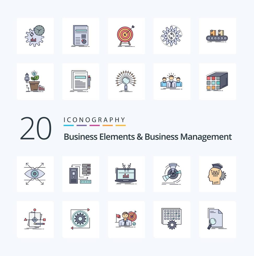 20 Geschäftselemente und Business-Management-Linien gefüllte Farbsymbolpakete wie Punktdiagramm-Informationsdaten online vektor