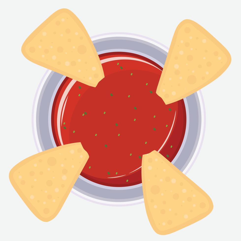 Nachos-Maischips mit Symbolvektor für rote Salsa-Sauce. Mexikanische Maistortilla-Chips mit Salsa-Dip-Symbol isoliert auf weißem Hintergrund vektor