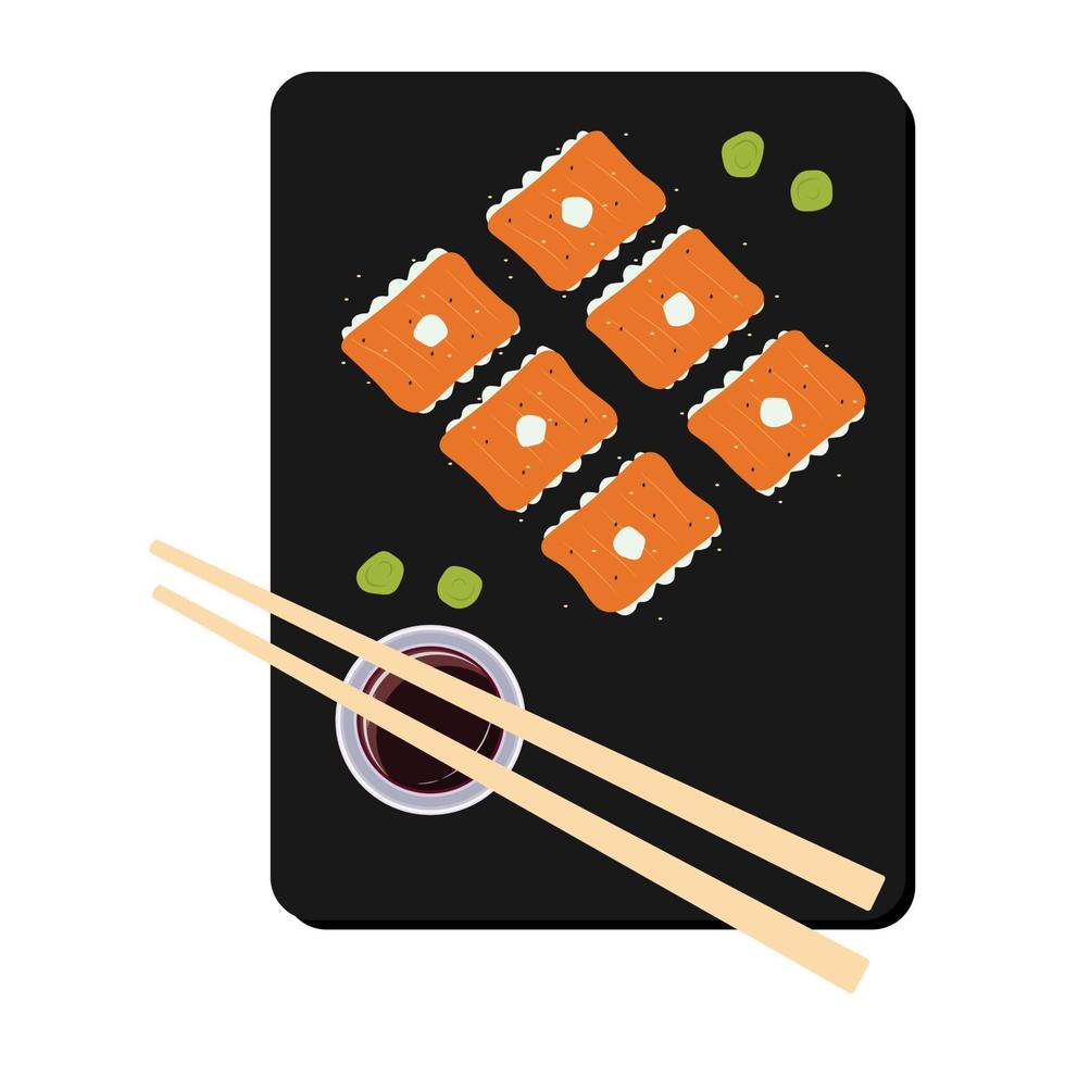 philadelphia sushi sind wunderschön mit sauce draufsicht auf schwarzem hintergrund angelegt. vektorillustration des japanischen essens vektor
