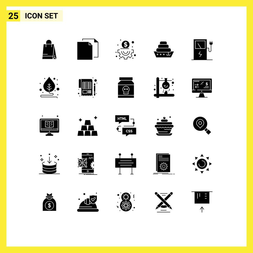 Set mit 25 kommerziellen Solid-Glyphen-Packs für Motivationsstationsinhalte, elektrische Gefäße, editierbare Vektordesign-Elemente vektor