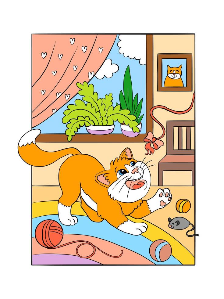 niedliche spielende katze in der gemütlichen zuhausevektor-karikaturillustration vektor