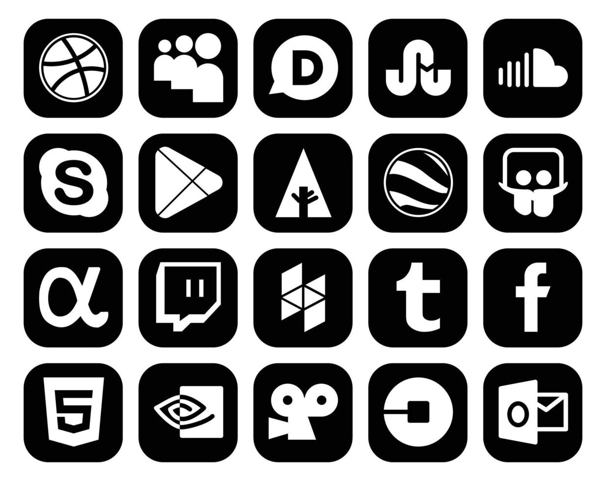 20 Social-Media-Icon-Pack, einschließlich Tumblr Twitch-Chat-App net Google Earth vektor