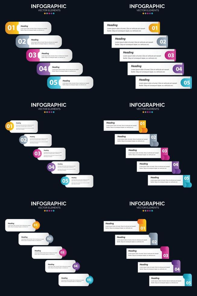 Vektor 6 Infografiken Pack Präsentationsfolie Vorlage 5 Schritte Zyklusdiagramme und Zeitleisten