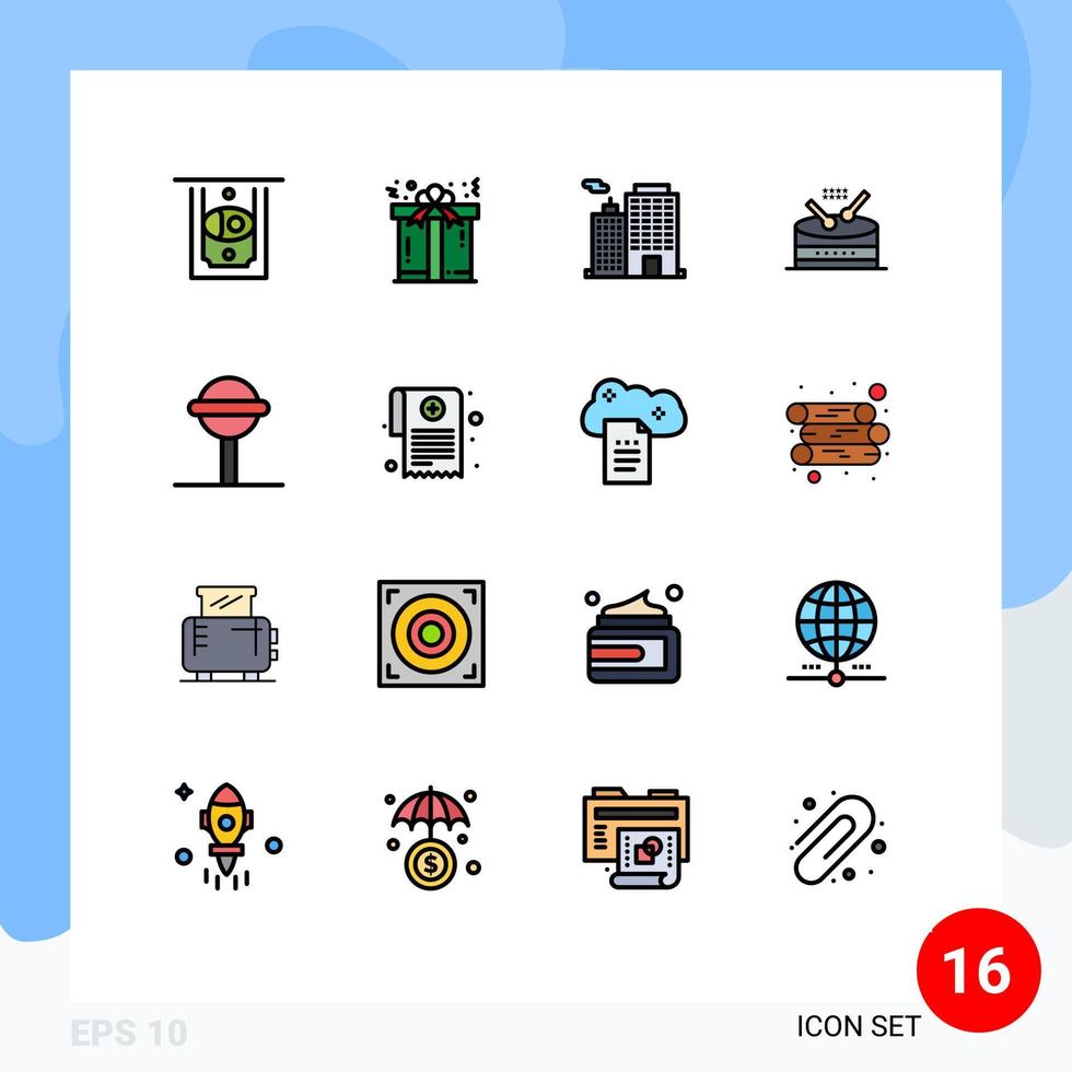 moderner Satz von 16 flachen, farbgefüllten Linien und Symbolen wie Lollipop Candy Business Parade Instrument editierbare kreative Vektordesign-Elemente vektor